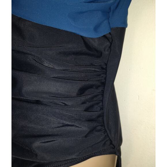 Bloomin Jelly Swimsuit LARGE Tiered Flutter Sleeves Ruching Turquoise Black NWT - Picture 4 of 16